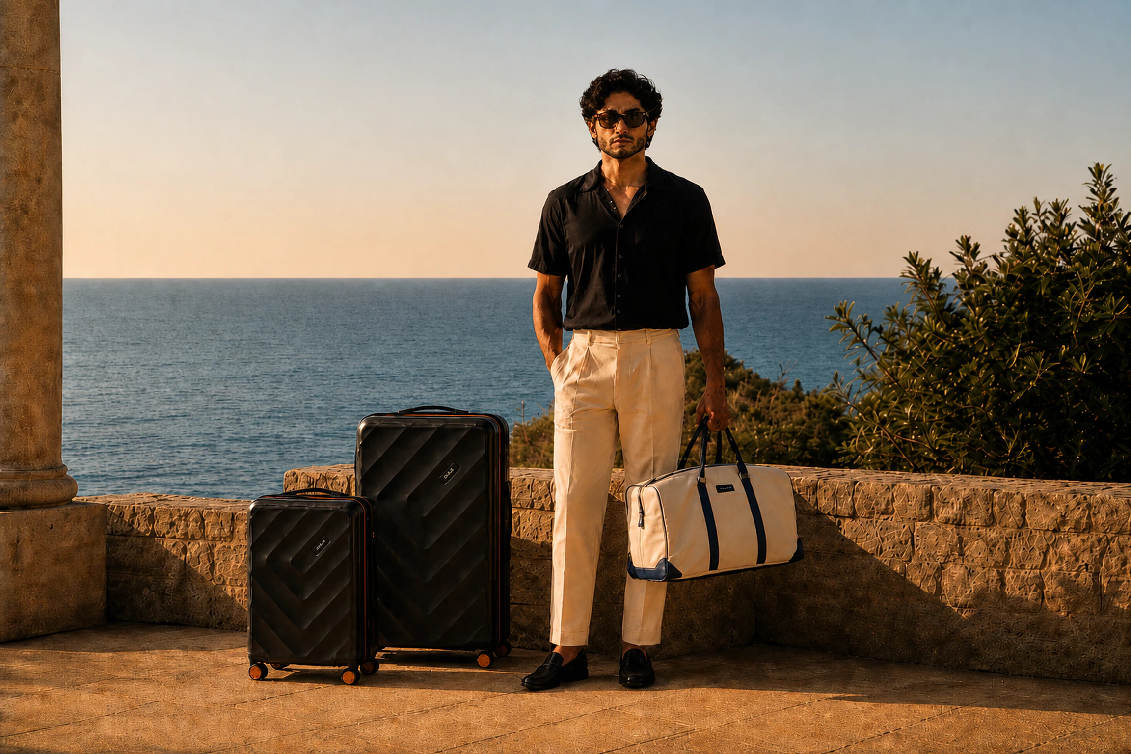 A traveller on a coastal terrace with Series 01 cases